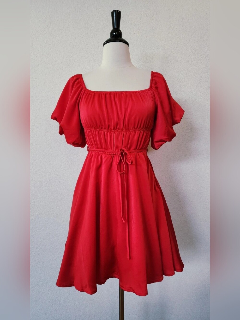 Red Square-Neck Puff Sleeve Dress with Waist Tie